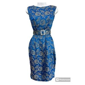 Vintage Oriental Dress Sheath Sz XXS Silk Blue Brocade‎ Dragon Print Belted Midi
